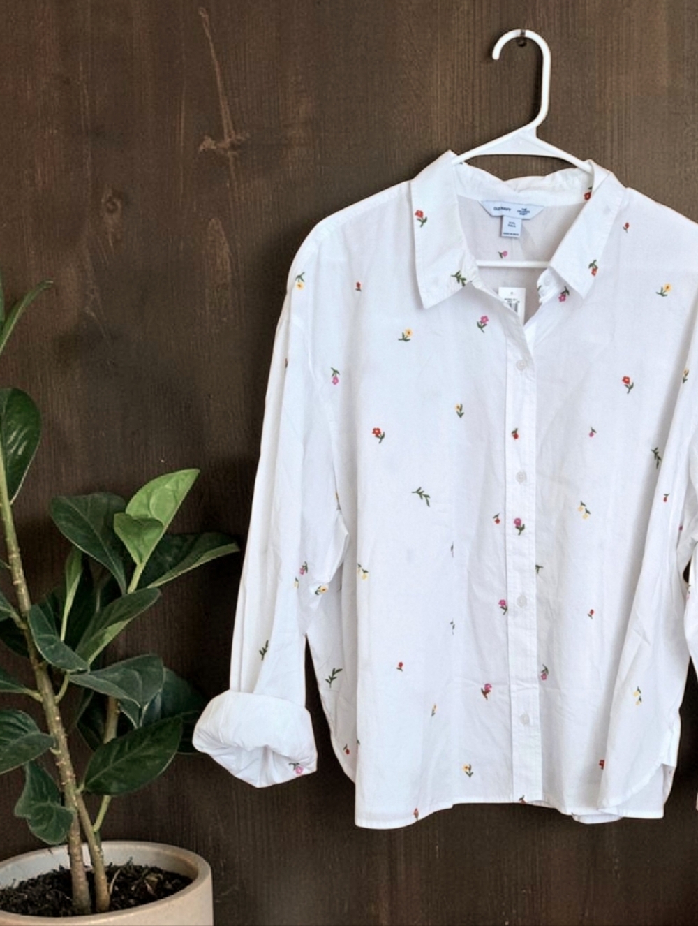 Old Navy White Button-up Shirt Tiny Flowers 100% Cotton Cropped / XXL Tall / NWT